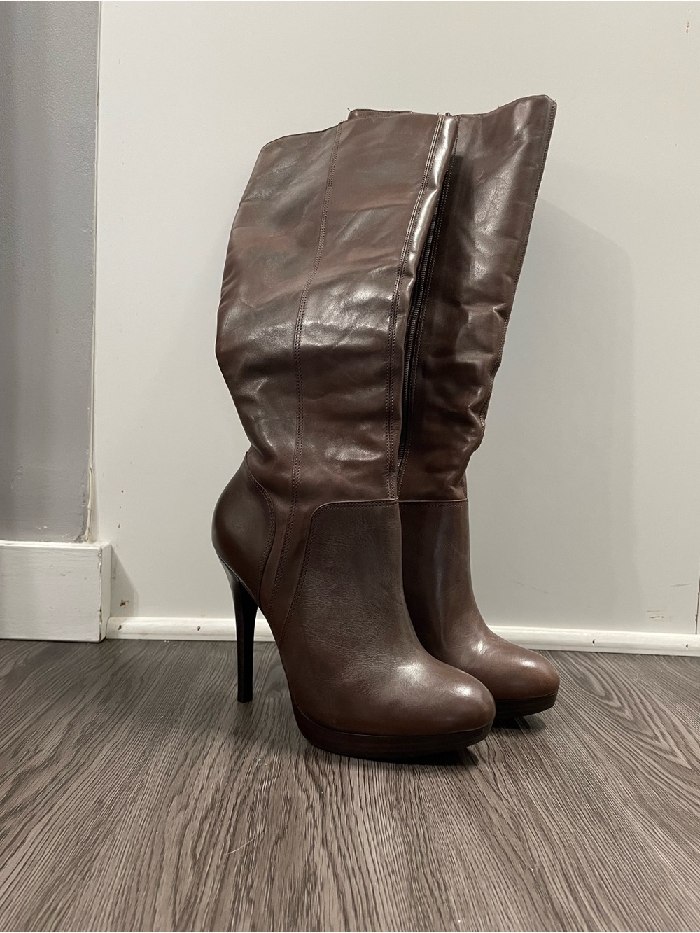 Aldo Dark Brown Leather High-Heel Mid-Calf Boots